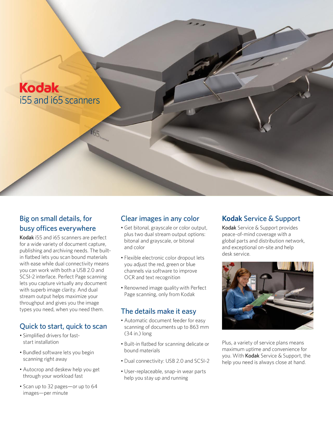 Kodak I55 manual Quick to start, quick to scan, Clear images in any color, Details make it easy, Kodak Service & Support 