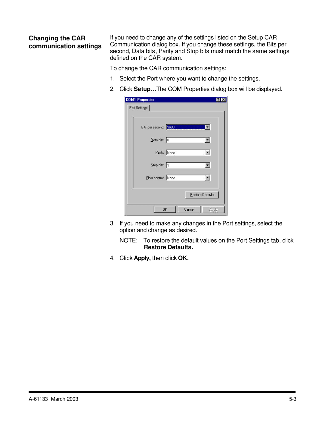 Kodak I7300 manual Changing the CAR communication settings, Restore Defaults 