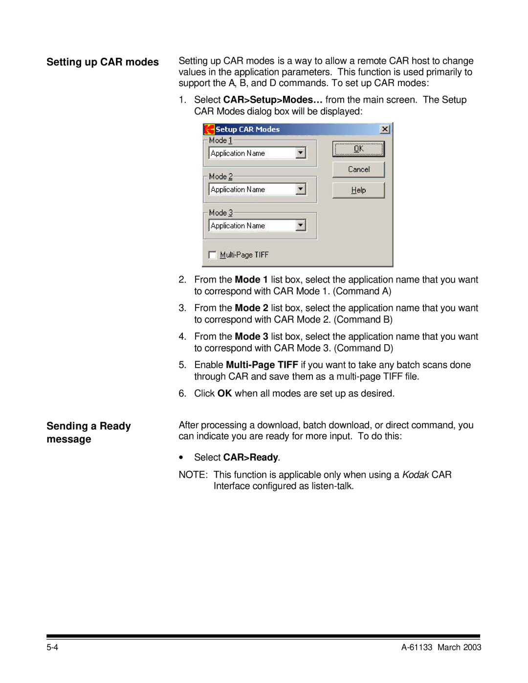 Kodak I7300 manual Setting up CAR modes Sending a Ready message, ∙ Select CARReady 