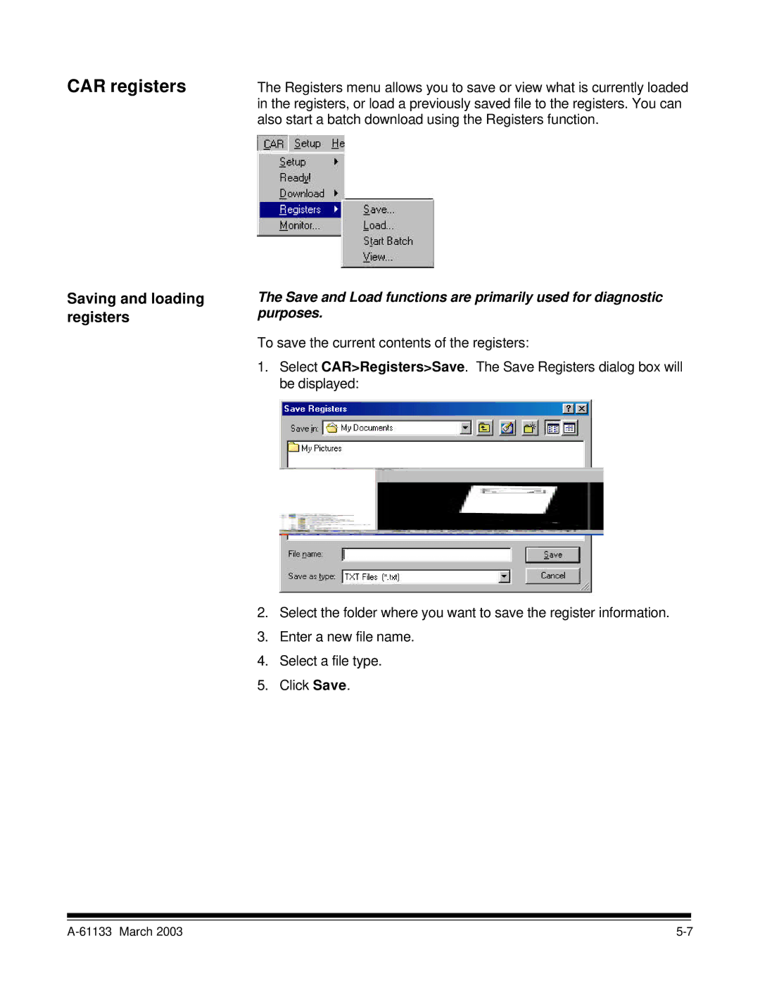 Kodak I7300 manual CAR registers, Saving and loading registers 