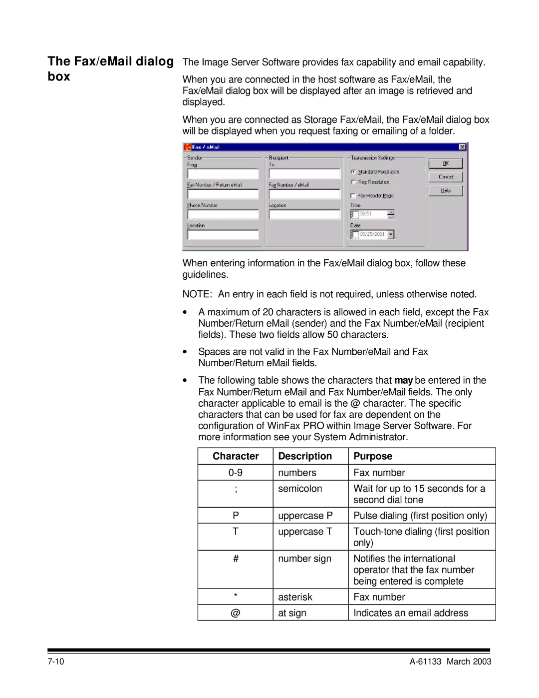 Kodak I7300 manual Fax/eMail dialog box, Character Description Purpose 