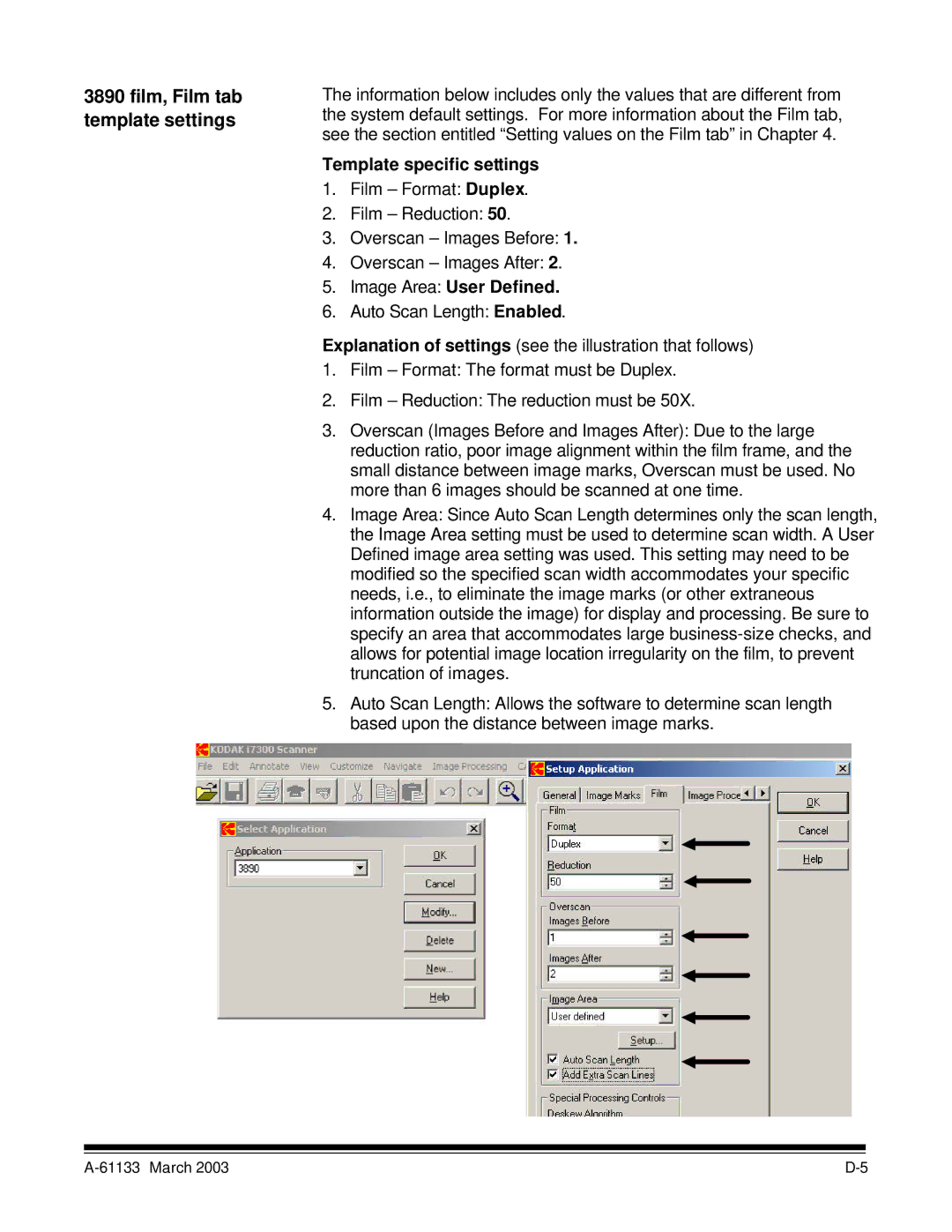 Kodak I7300 manual Film, Film tab template settings, Image Area User Defined 