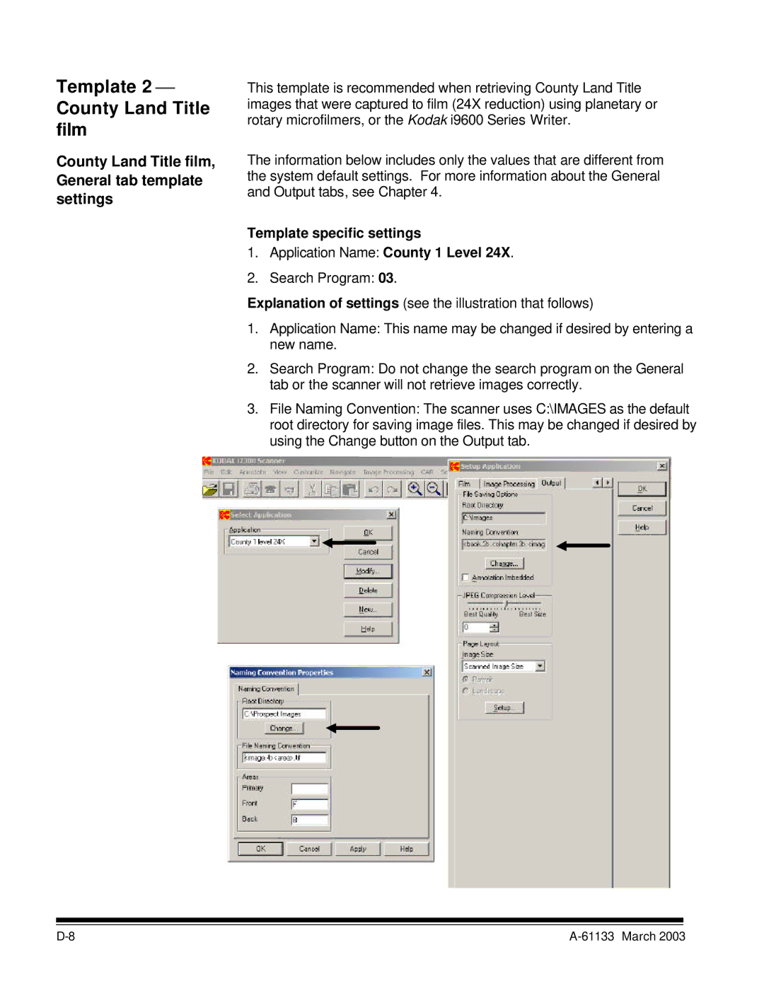 Kodak I7300 manual Template 2 ⎯ County Land Title film, County Land Title film, General tab template settings 