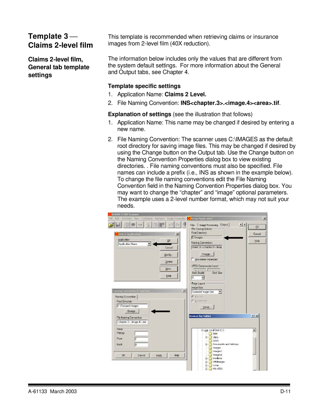 Kodak I7300 manual Template 3 ⎯ Claims 2-level film, Claims 2-level film, General tab template settings 