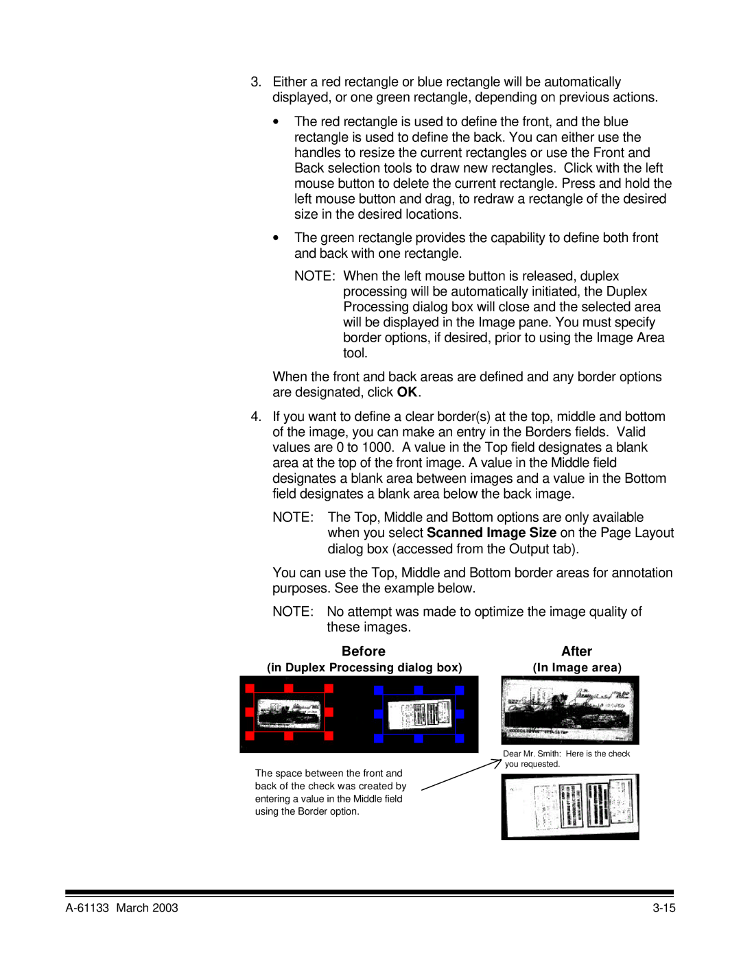 Kodak I7300 manual Before After, Duplex Processing dialog box Image area 