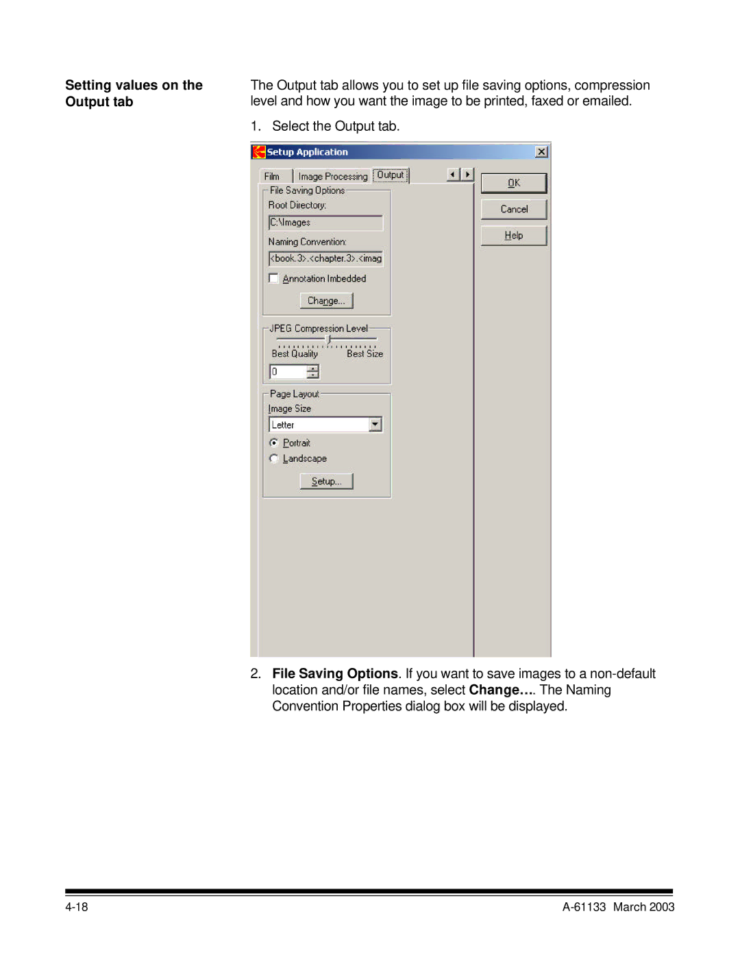 Kodak I7300 manual Setting values on, Output tab 