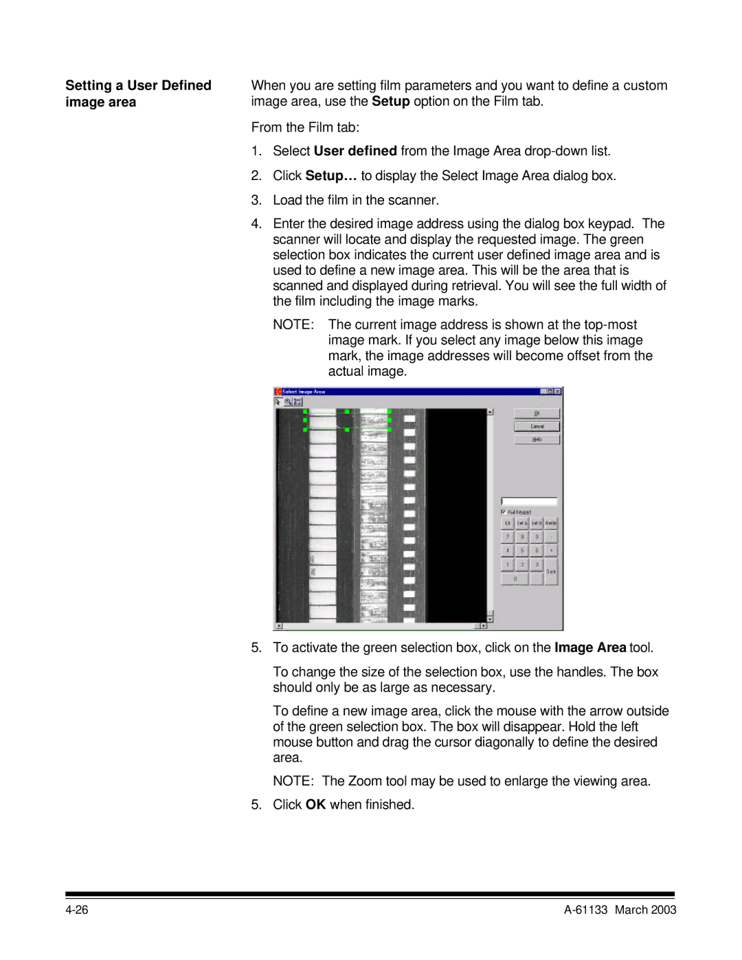 Kodak I7300 manual Setting a User Defined, Image area 