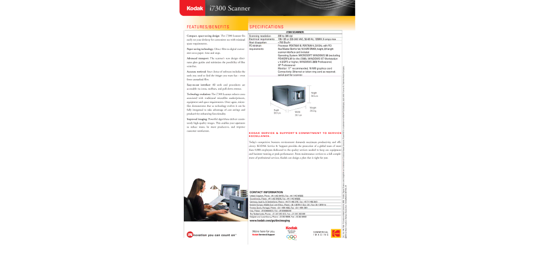 Kodak specifications I7300 Scanner, At U R E S / B E N E F I T Ss P E C I F I C At I O N S 