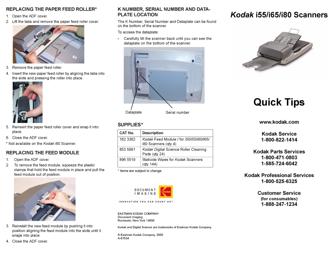 Kodak I80 manual Replacing the Paper Feed Roller, Replacing the Feed Module, Supplies, CAT No Description 