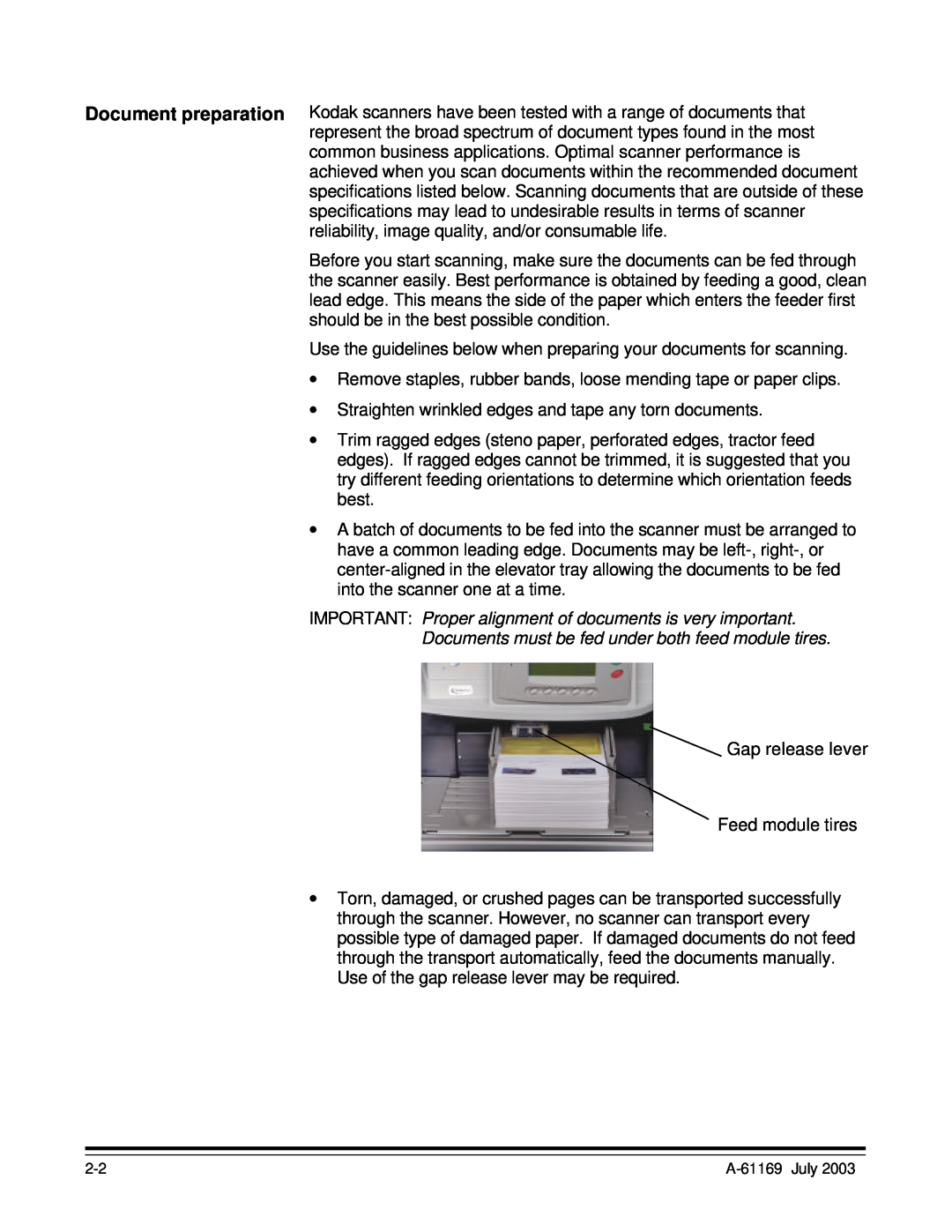 Kodak i800 Series manual IMPORTANT Proper alignment of documents is very important 