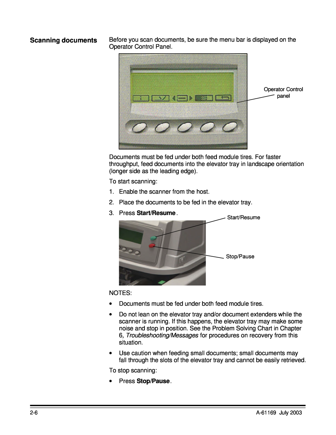Kodak i800 Series manual Scanning documents, Press Start/Resume, ∙ Press Stop/Pause 