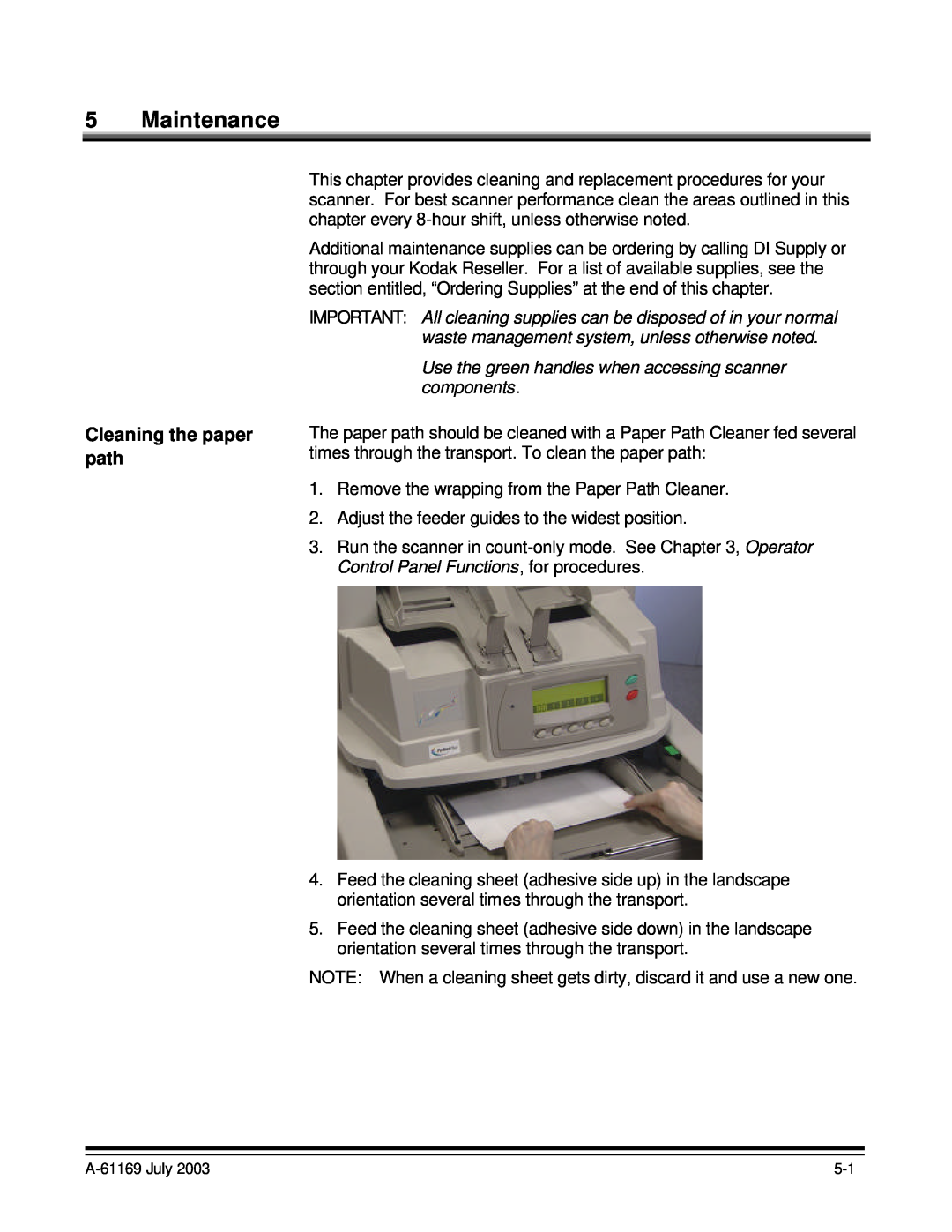 Kodak i800 Series manual Maintenance, Cleaning the paper path, Use the green handles when accessing scanner components 