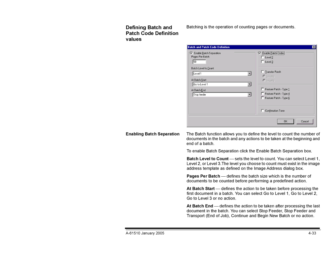 Kodak i800 Series Defining Batch, Patch Code Definition Values, Batching is the operation of counting pages or documents 