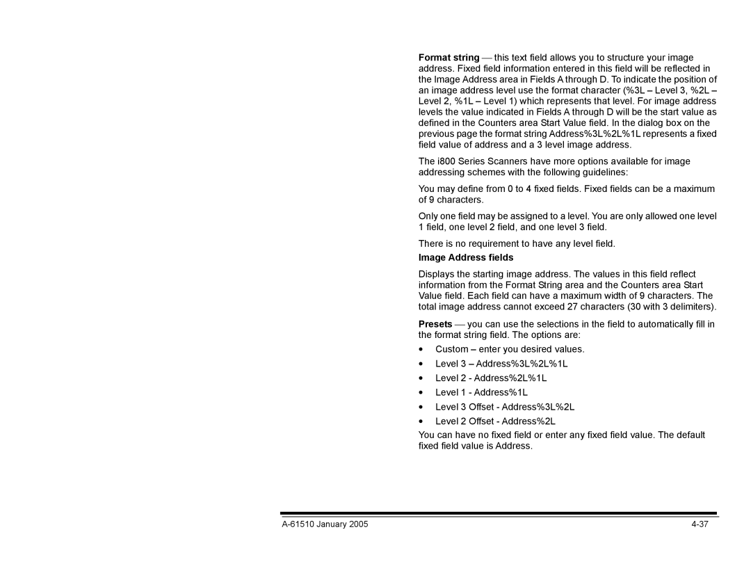 Kodak i800 Series manual Image Address fields 