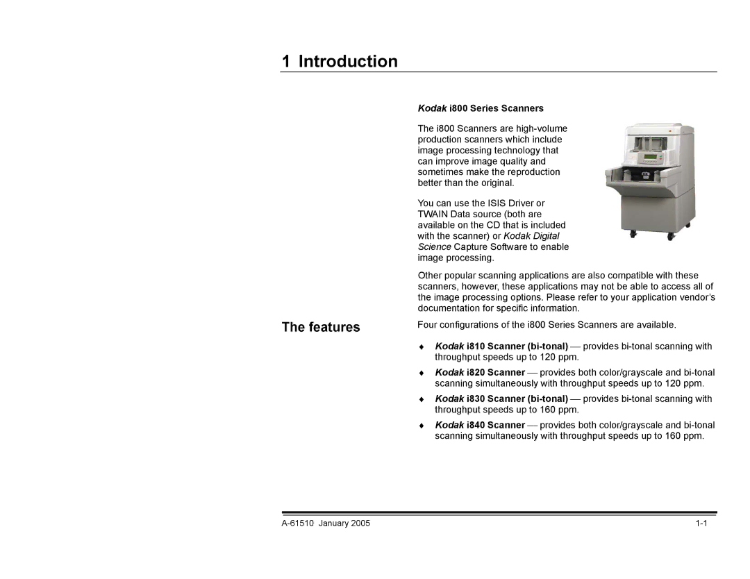 Kodak manual Introduction, Kodak i800 Series Scanners 