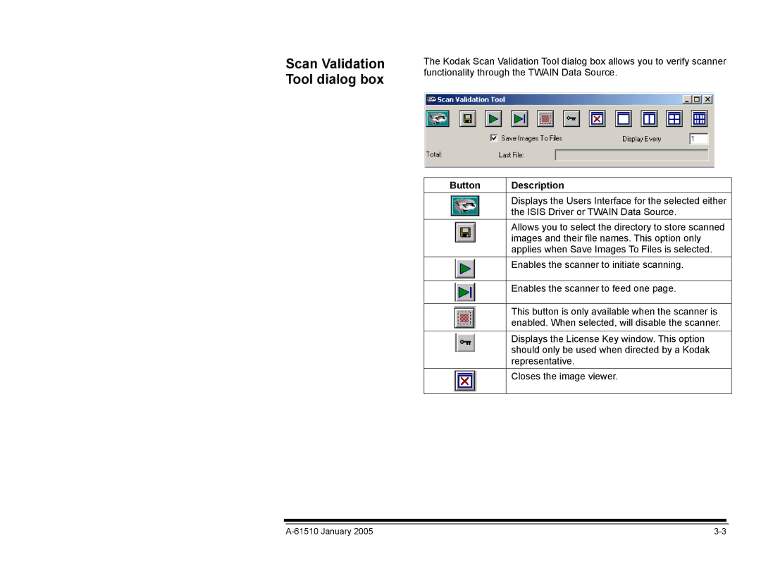 Kodak i800 Series manual Scan Validation Tool dialog box, Button Description 