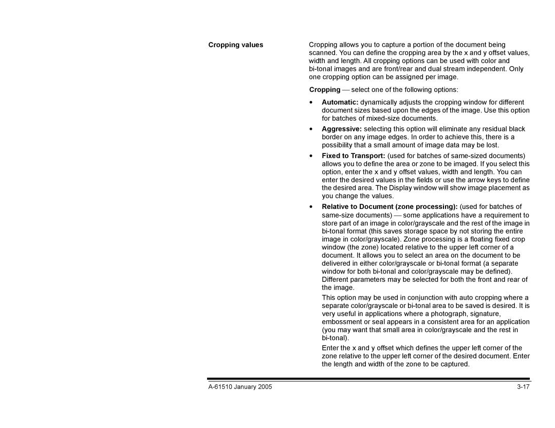 Kodak i800 Series manual Cropping values, Relative to Document zone processing used for batches 