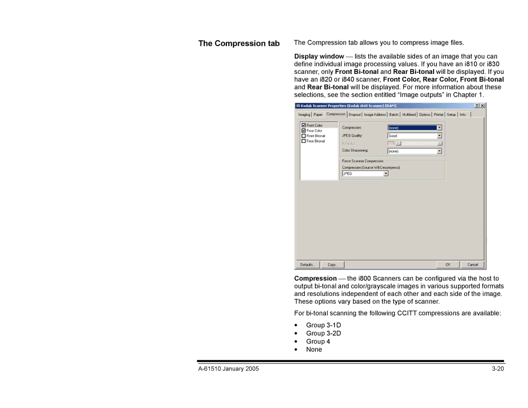 Kodak i800 Series manual Compression tab allows you to compress image files 