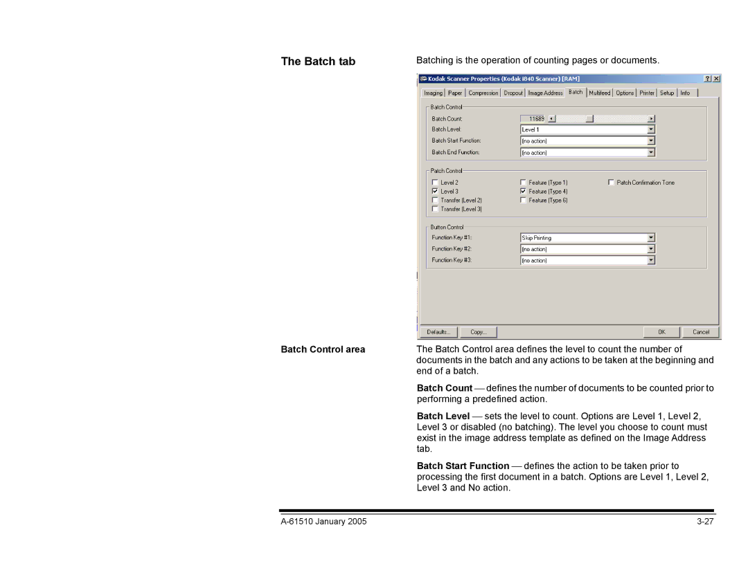 Kodak i800 Series manual Batch tab, Batch Control area 