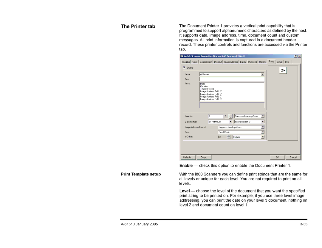 Kodak i800 Series manual Printer tab, Print Template setup 