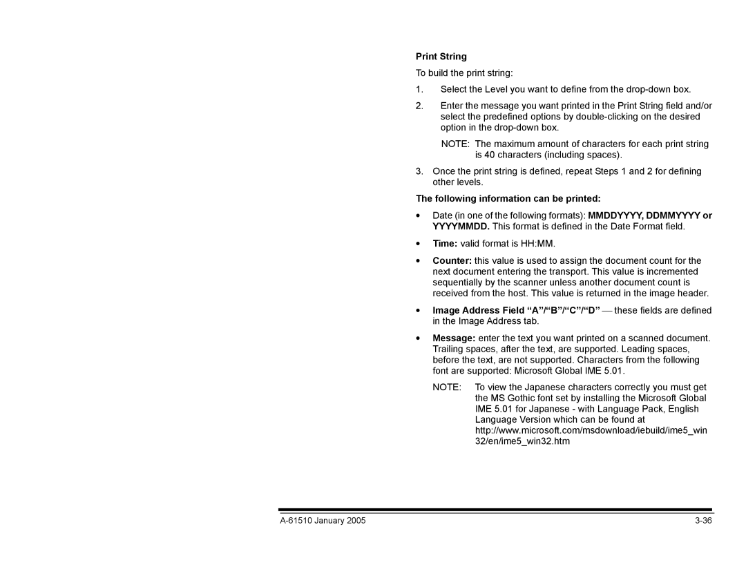 Kodak i800 Series manual Print String, Following information can be printed 