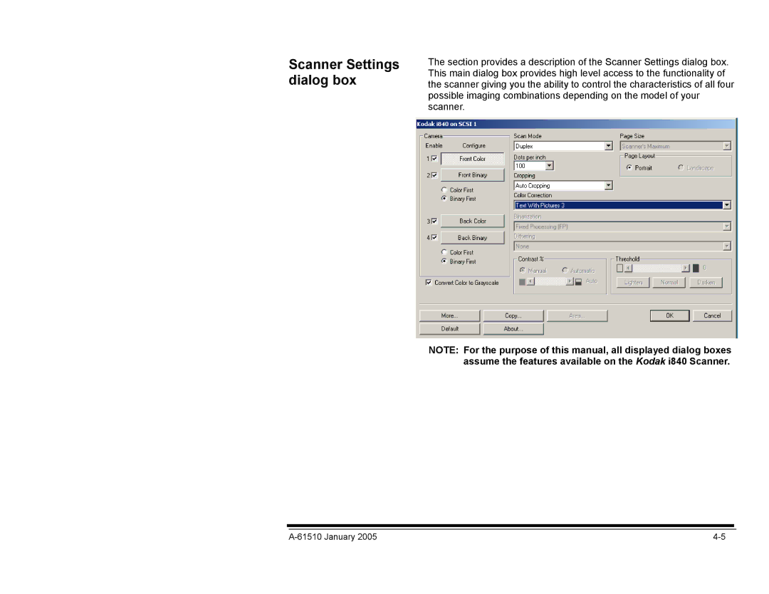 Kodak i800 Series manual Scanner Settings dialog box 