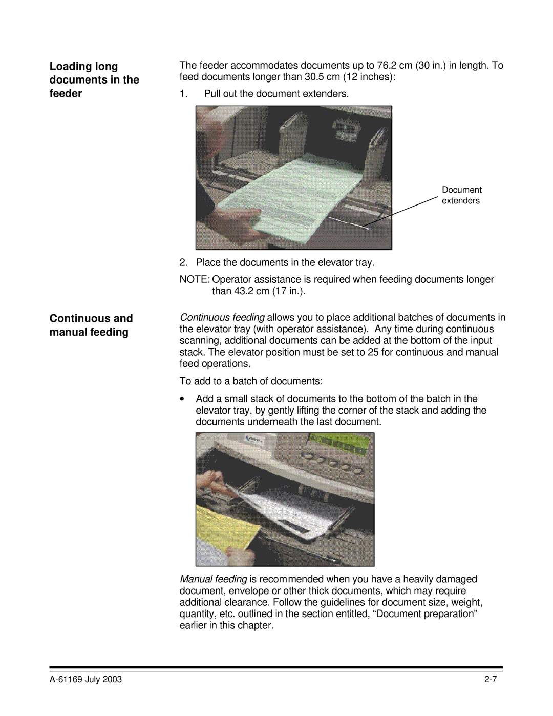 Kodak i800 Series Loading long documents in the feeder, Continuous and manual feeding 