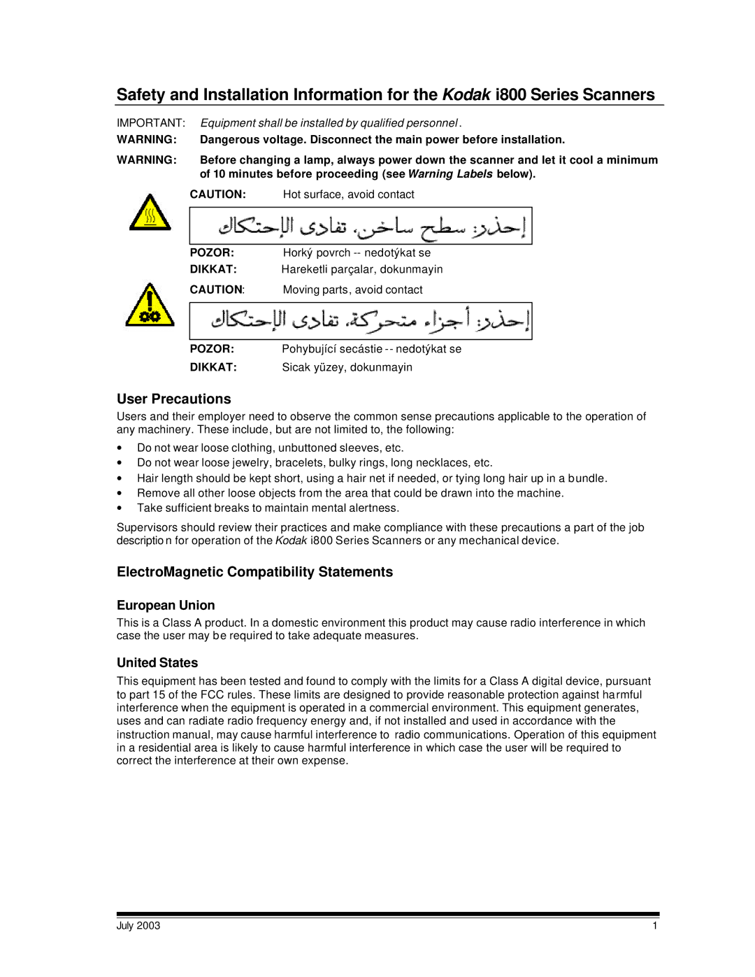 Kodak i800 Series manual User Precautions, ElectroMagnetic Compatibility Statements 