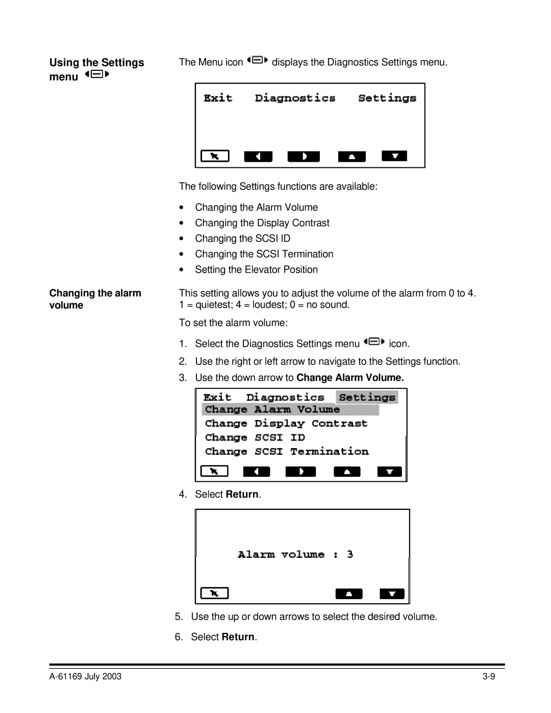 Kodak i800 Series manual Using the Settings, Menu, Changing the alarm, Volume 