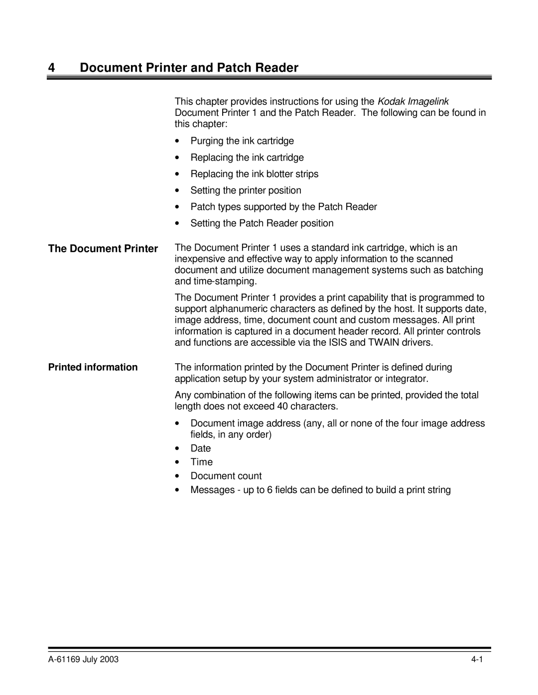 Kodak i800 Series manual Document Printer and Patch Reader 