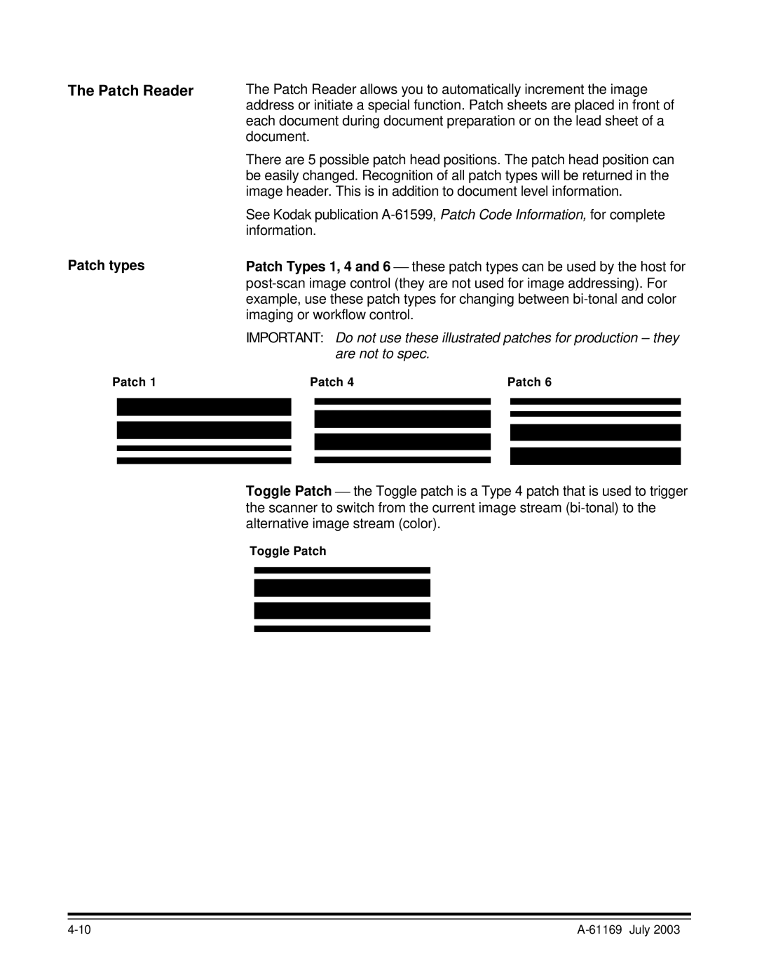 Kodak i800 Series manual Patch Reader, Patch types 