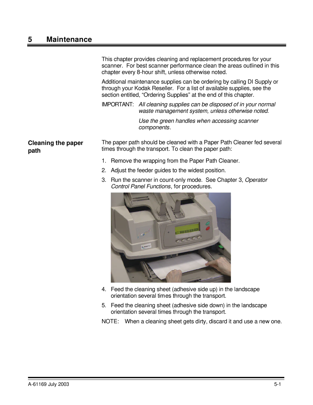 Kodak i800 Series manual Maintenance, Cleaning the paper path 