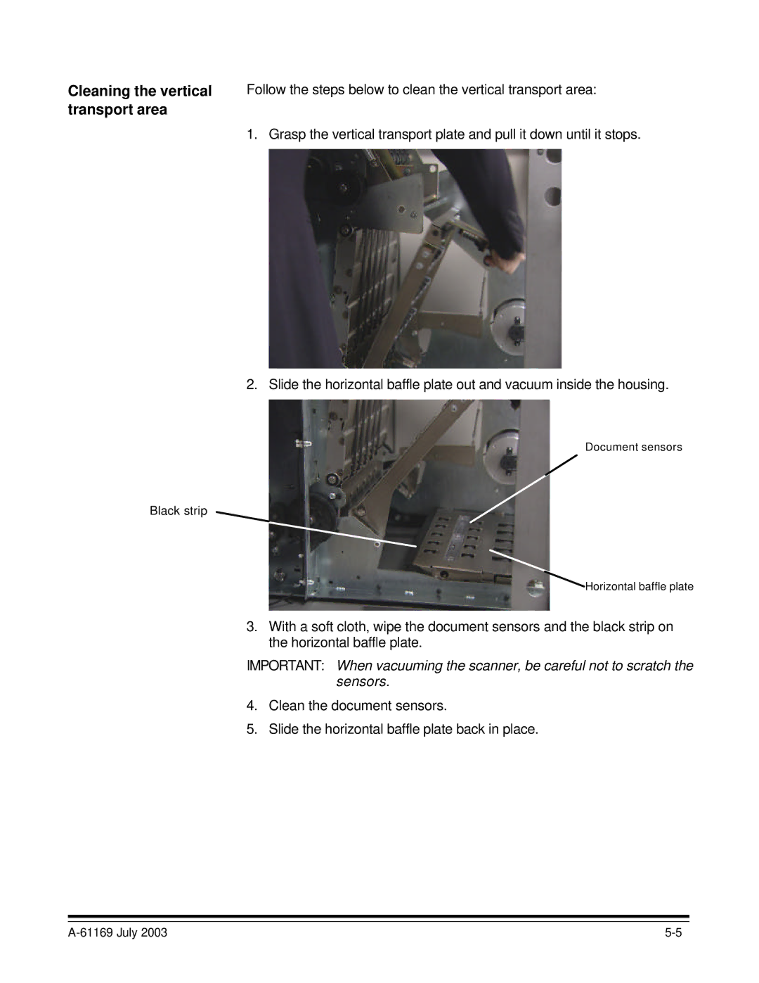 Kodak i800 Series manual Cleaning the vertical, Transport area 