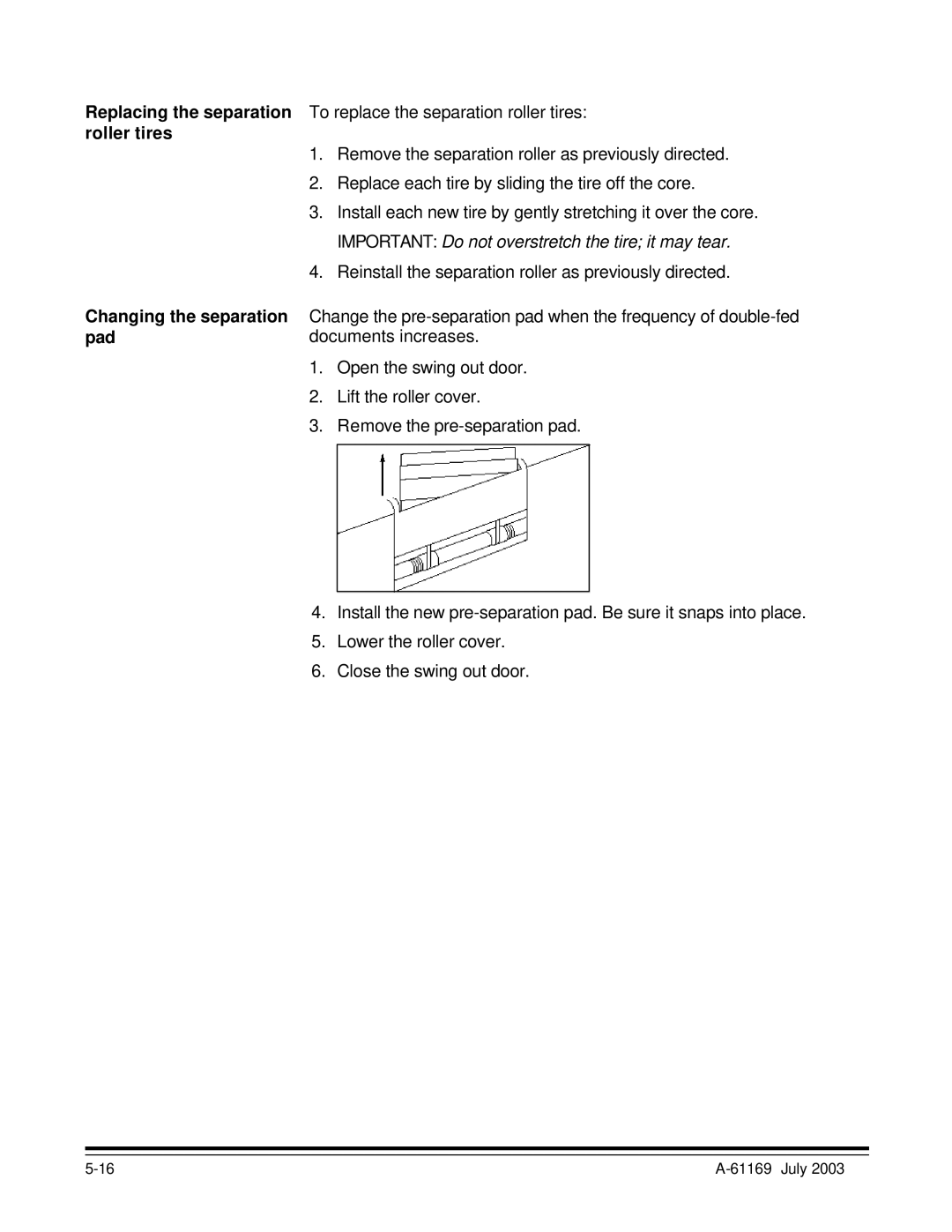 Kodak i800 Series manual Replacing the separation, Roller tires, Changing the separation, Pad 