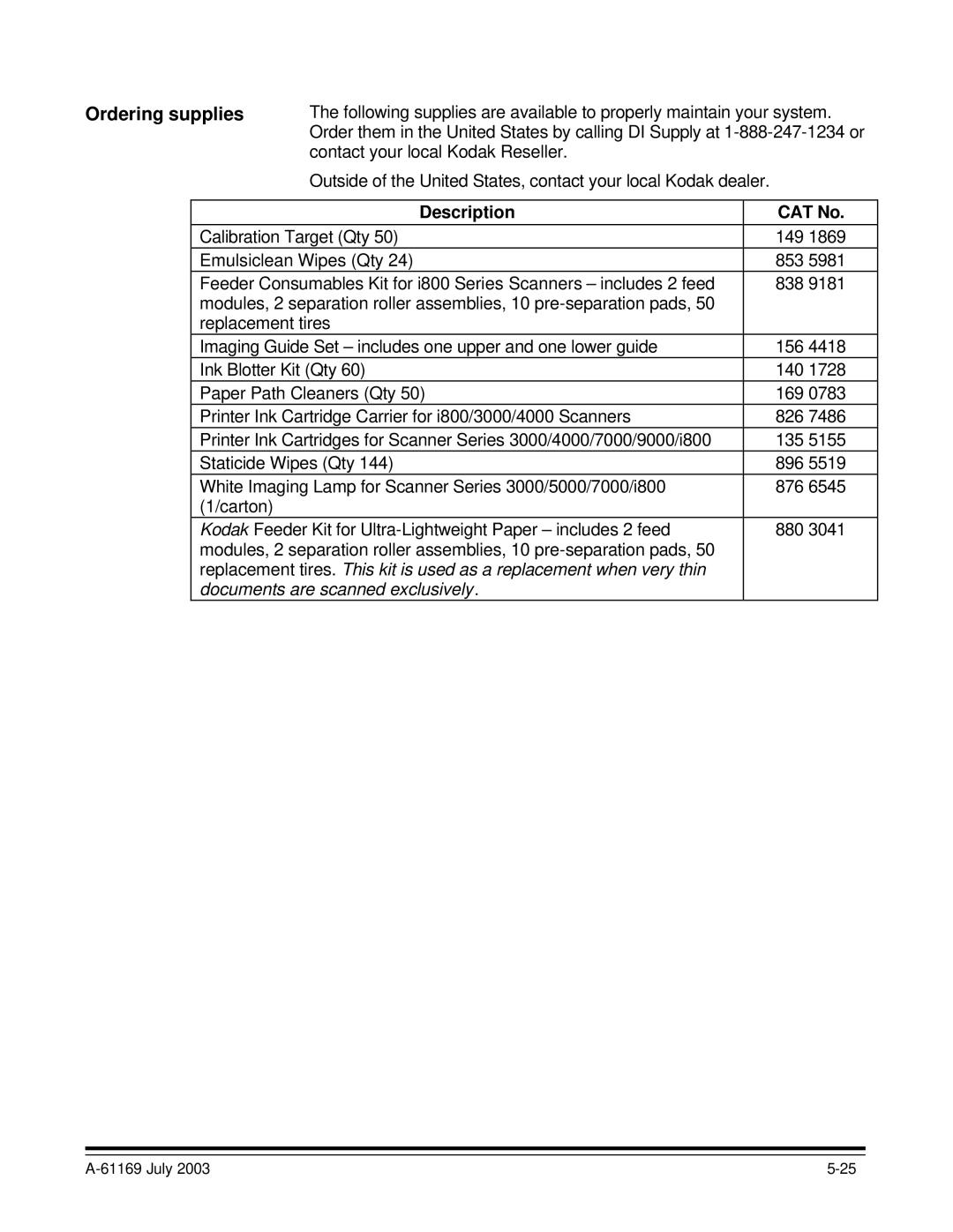 Kodak i800 Series manual Ordering supplies, Description CAT No 