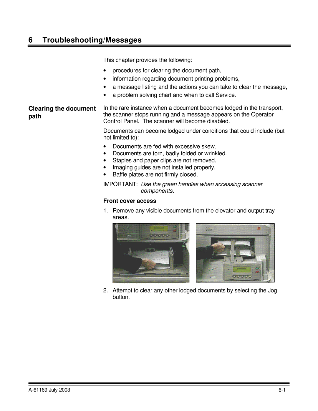 Kodak i800 Series manual Clearing the document path, Front cover access 