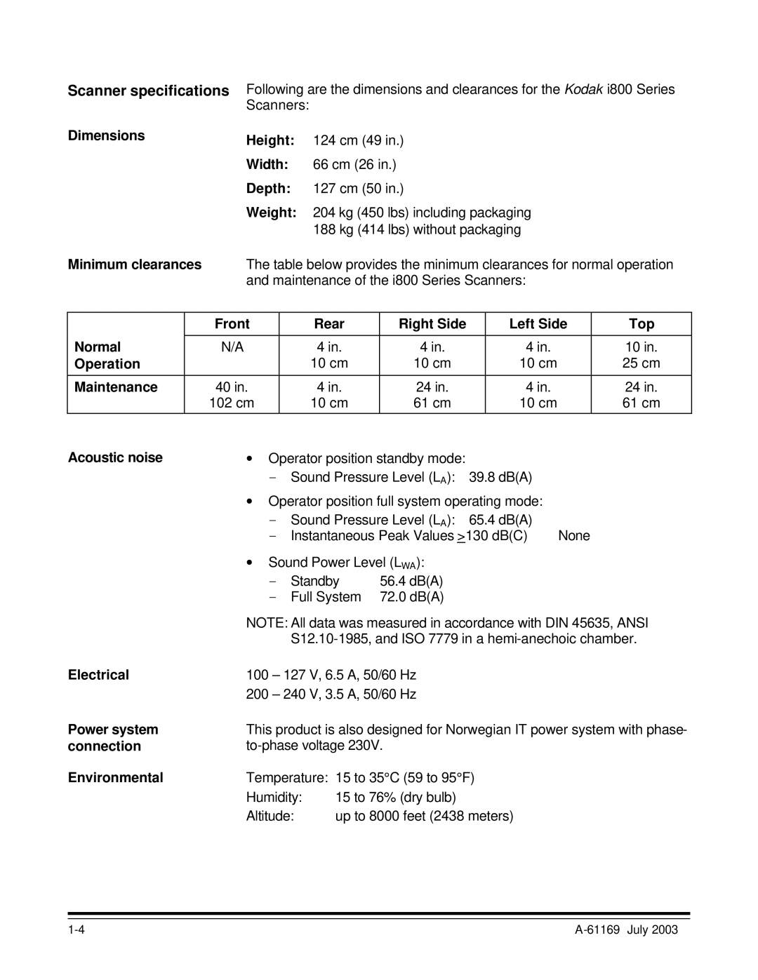 Kodak i800 Series manual Scanner specifications 