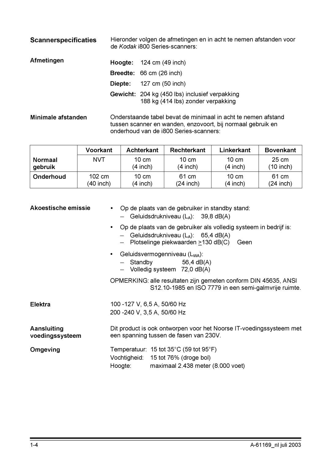 Kodak I800 manual Scannerspecificaties 