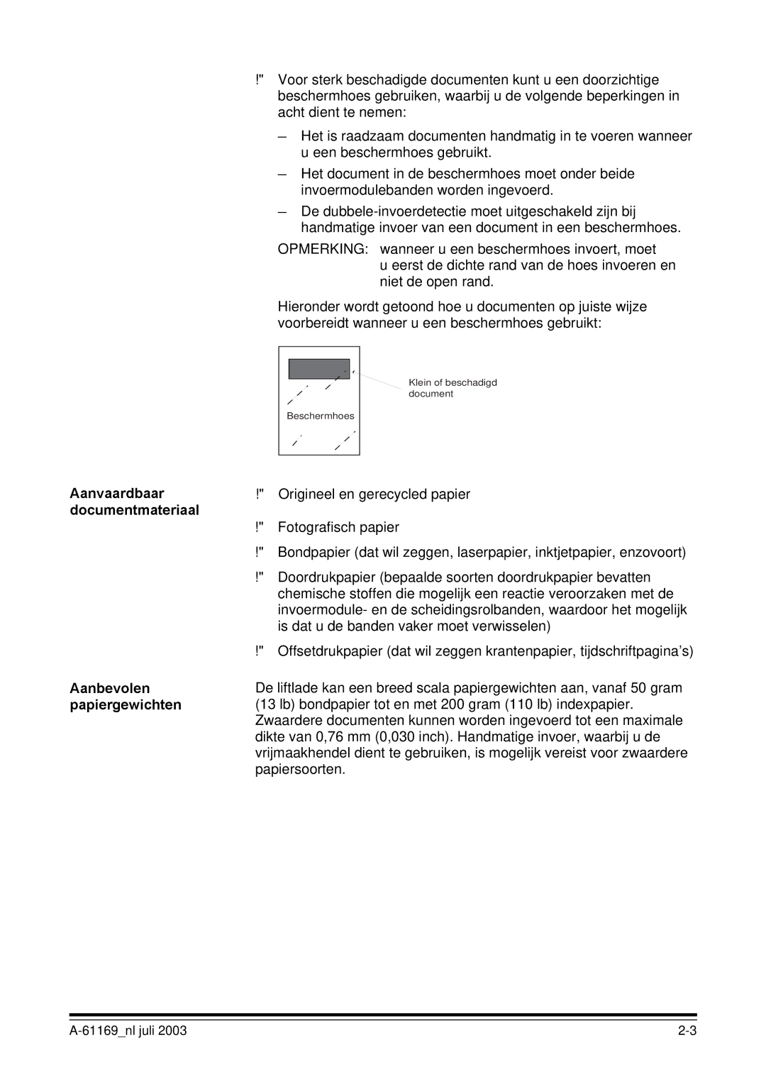 Kodak I800 manual Aanvaardbaar, Documentmateriaal, Aanbevolen, Papiergewichten 