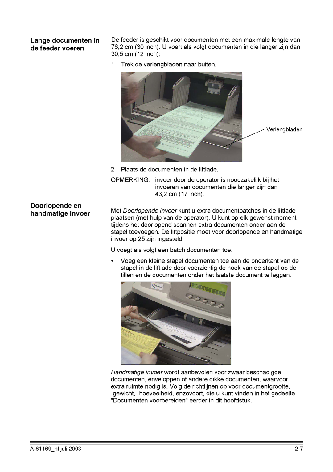 Kodak I800 manual Lange documenten in de feeder voeren, Doorlopende en handmatige invoer 