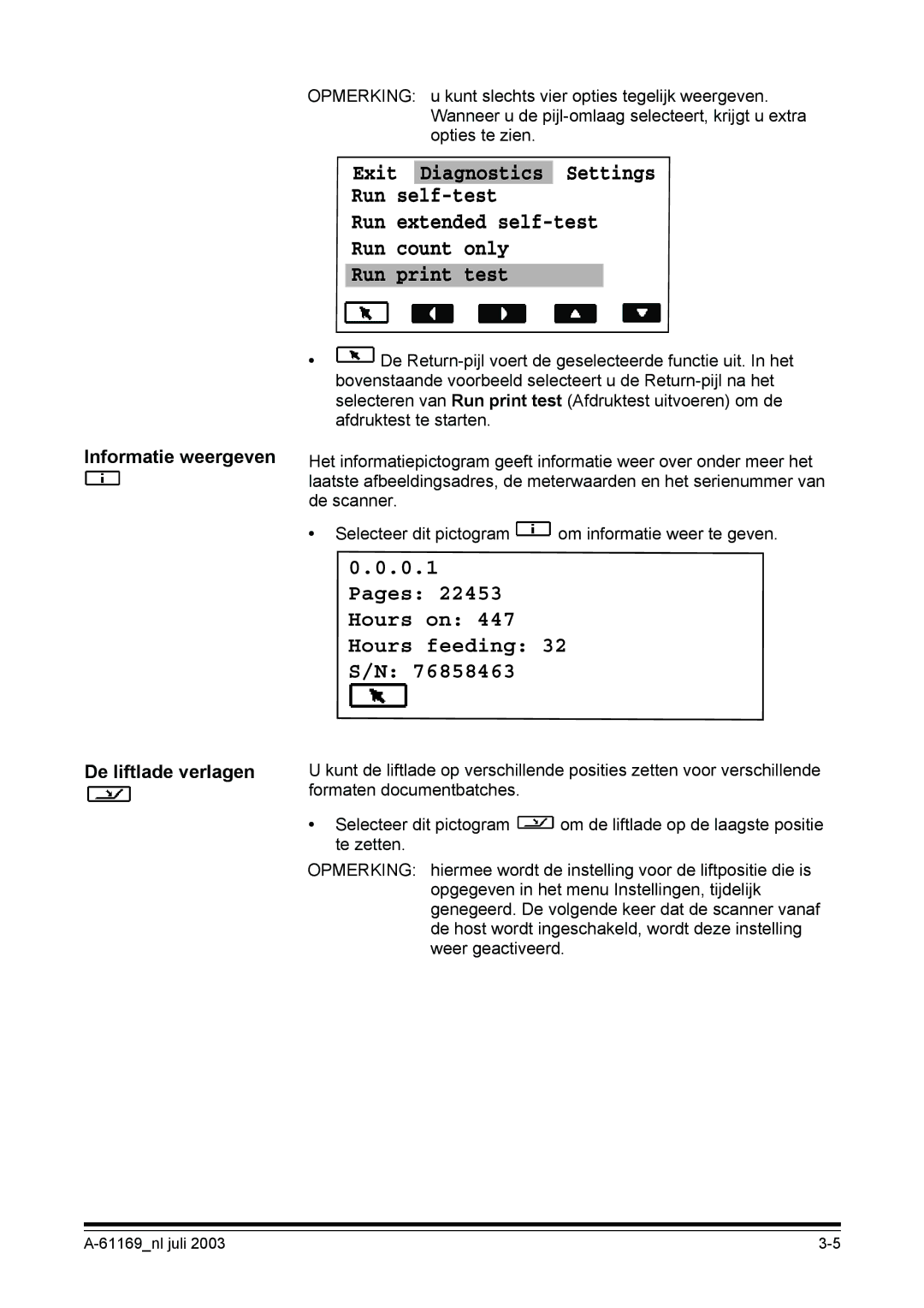 Kodak I800 manual Informatie weergeven, De liftlade verlagen 