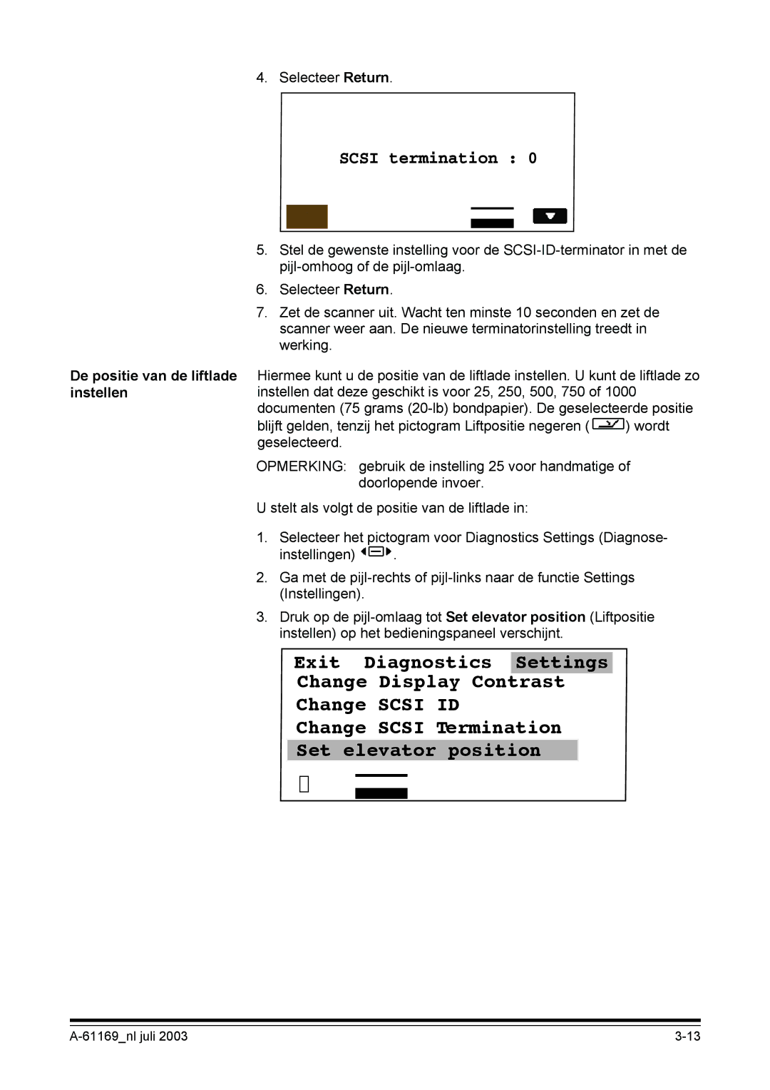 Kodak I800 manual Scsi termination, De positie van de liftlade instellen 