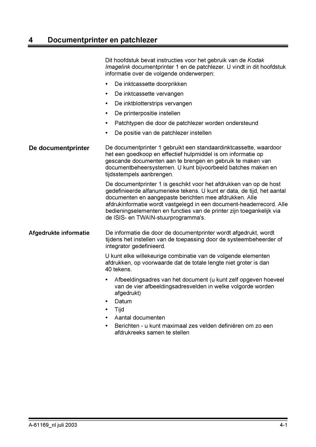 Kodak I800 manual De documentprinter, Afgedrukte informatie 