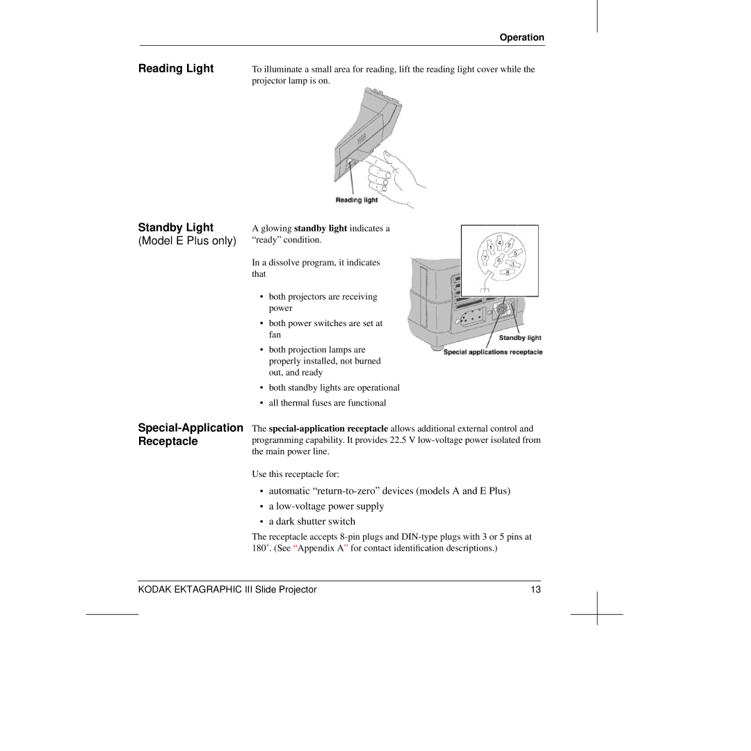 Kodak III manual Reading Light, Special-Application Receptacle 