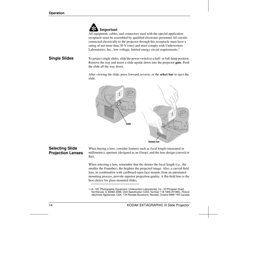 Kodak III manual Single Slides Selecting Slide Projection Lenses 