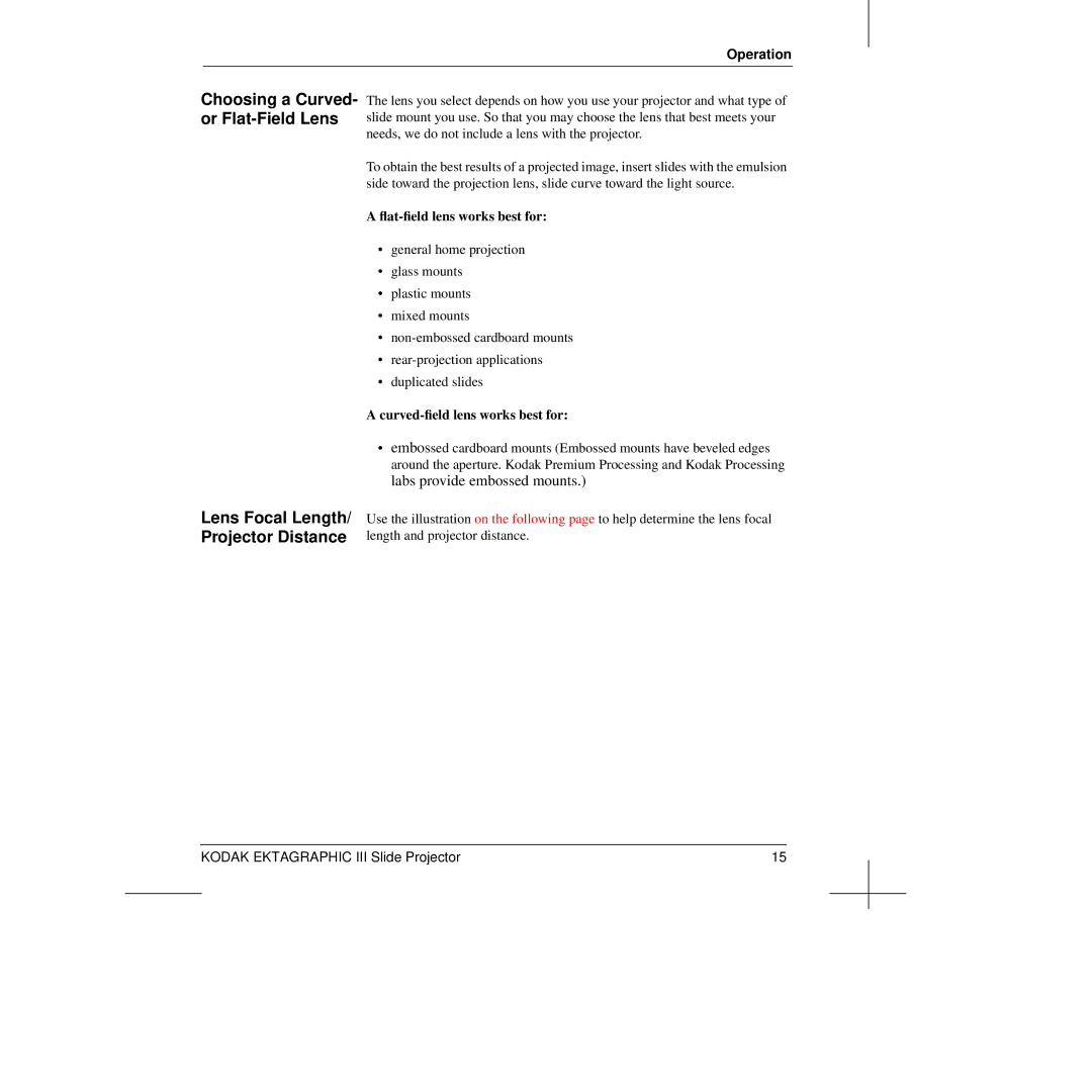 Kodak III manual Lens Focal Length/ Projector Distance, Choosing a Curved- or Flat-Field Lens 