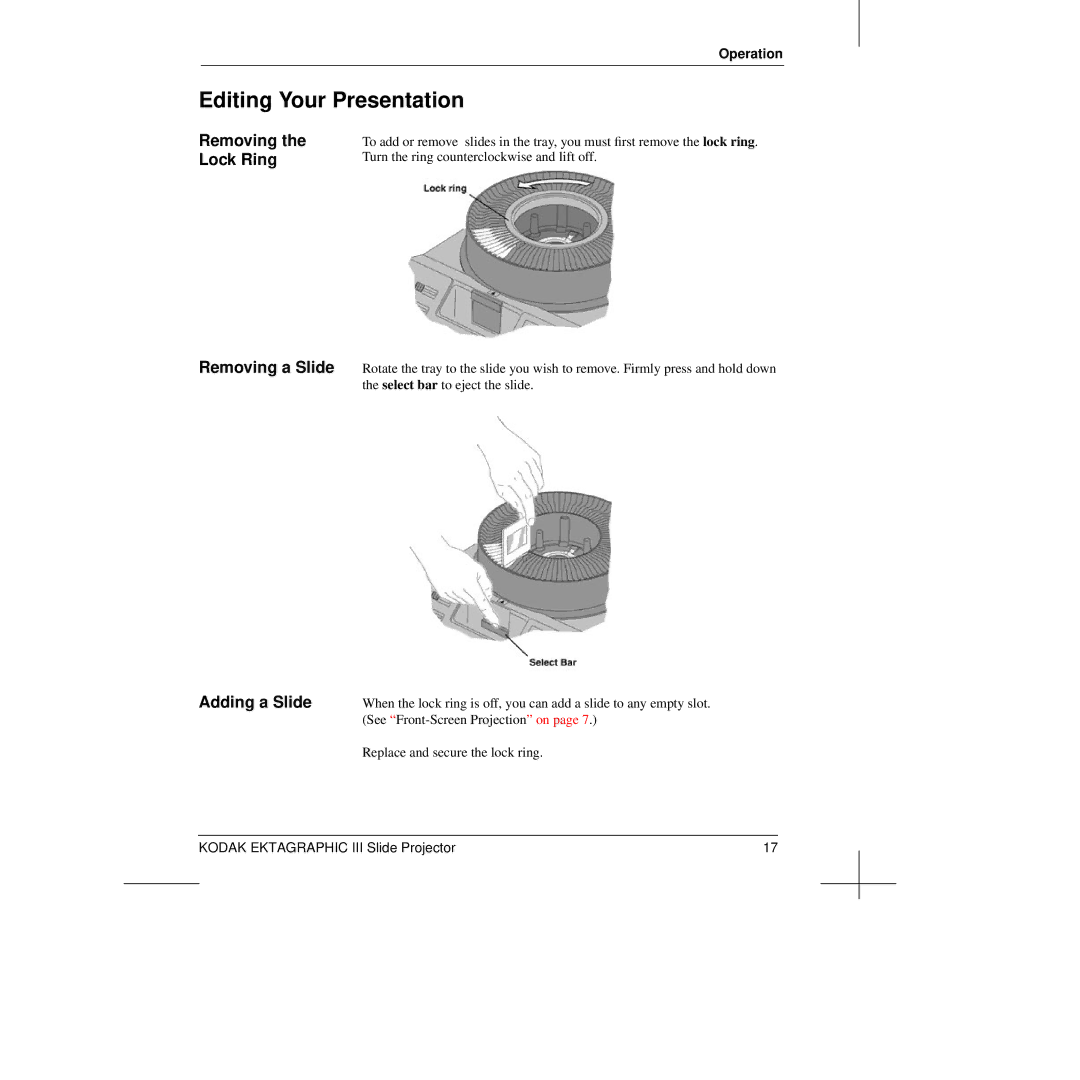 Kodak III manual Editing Your Presentation, Removing the Lock Ring, Adding a Slide 