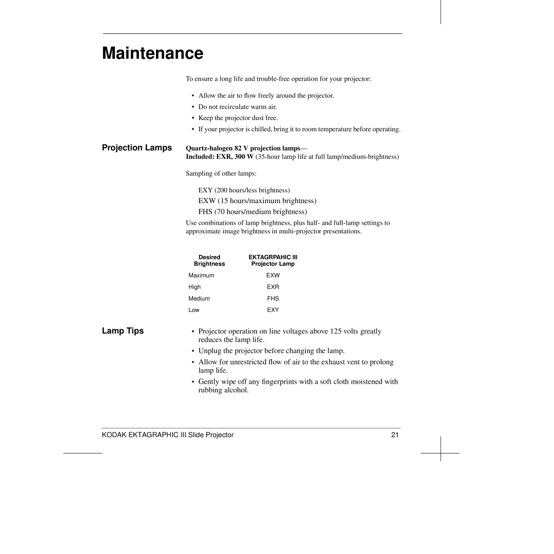 Kodak III manual Maintenance, Lamp Tips 