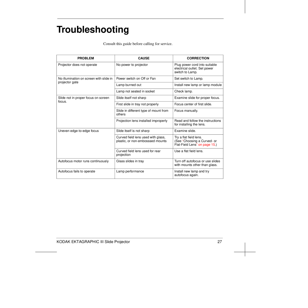 Kodak III manual Troubleshooting, Consult this guide before calling for service 