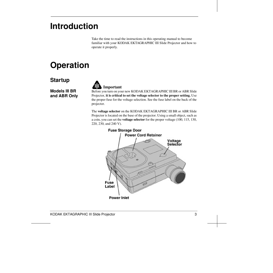 Kodak manual Introduction, Operation, Startup, Models III BR and ABR Only 